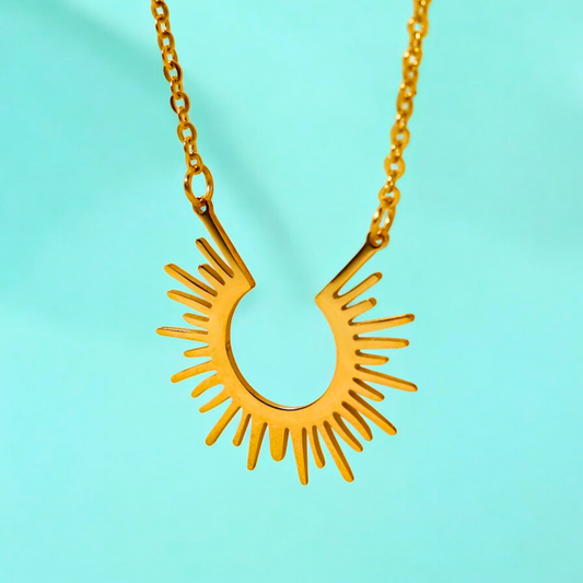No tarnish, waterproof Dara Half Sun Necklace. Jooelri London's 18K gold plated stainless steel, gym-proof & bold daily wear! Free shipping! 