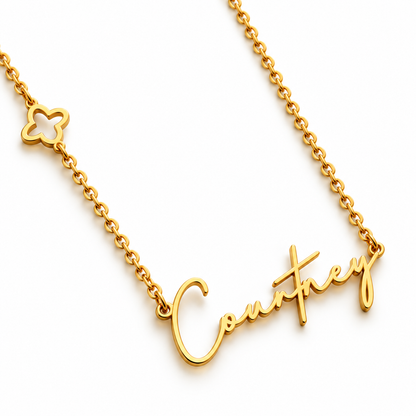 Courtney | Gold Plated Personalised Name & Clover Necklace