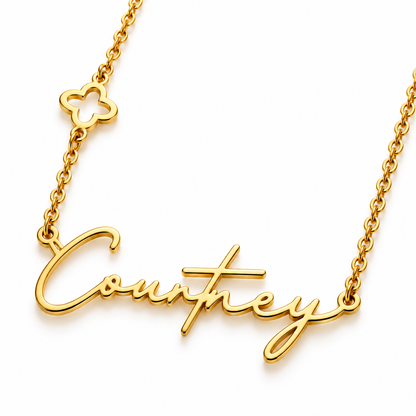 Courtney | Gold Plated Personalised Name & Clover Necklace