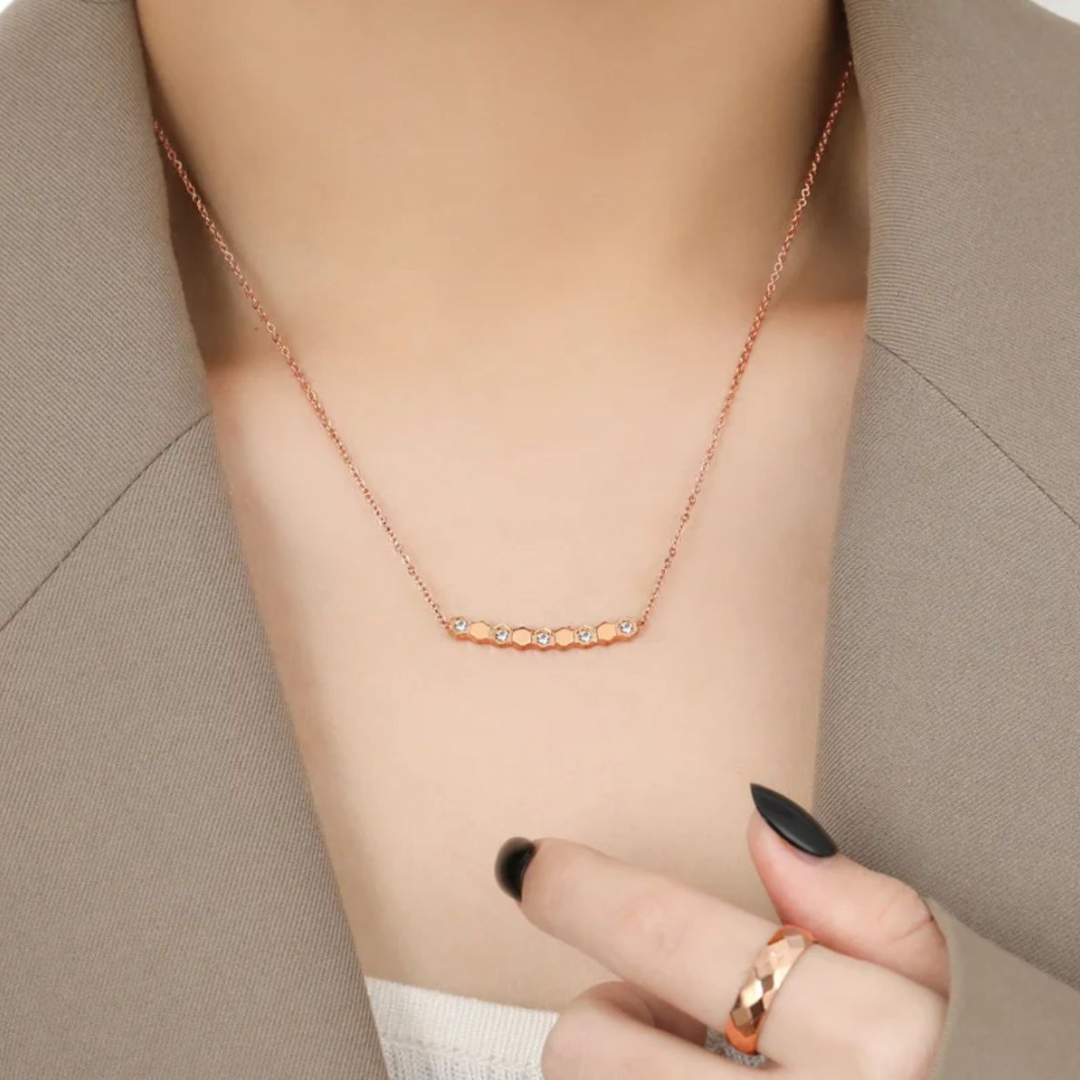 Beth | Gold and Rose Gold Plated Honeycomb Pendant Necklace with Zircons