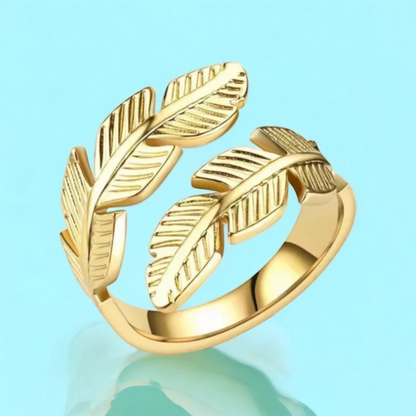 Melize | Gold Plated Leaf Feather Design Open Resizable Ring