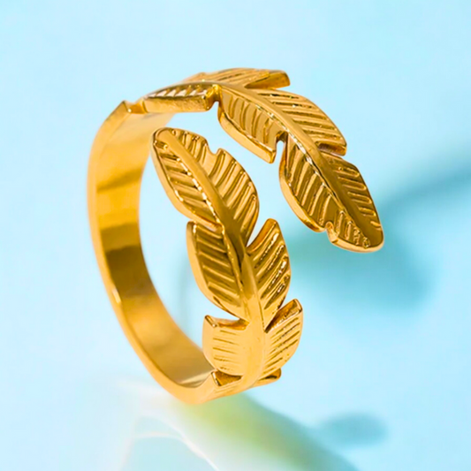 Melize | Gold Plated Leaf Feather Design Open Resizable Ring