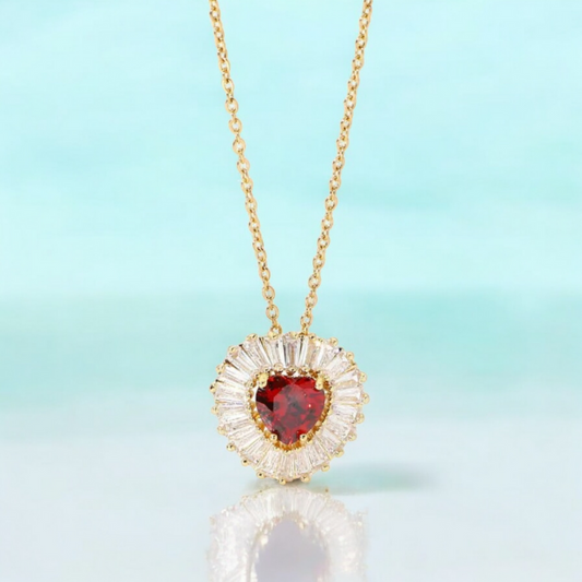 Amore | Gold Plated Heart Charm Necklace with Red Zircons