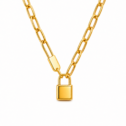 Odessa | Gold Plated Lock Pendant in Cuban Link Necklace
