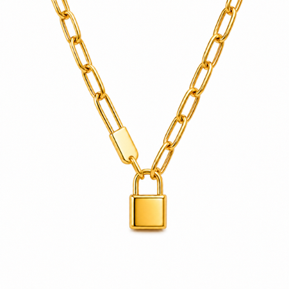 Odessa | Gold Plated Lock Pendant in Cuban Link Necklace