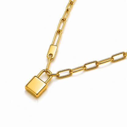 Odessa | Gold Plated Lock Pendant in Cuban Link Necklace