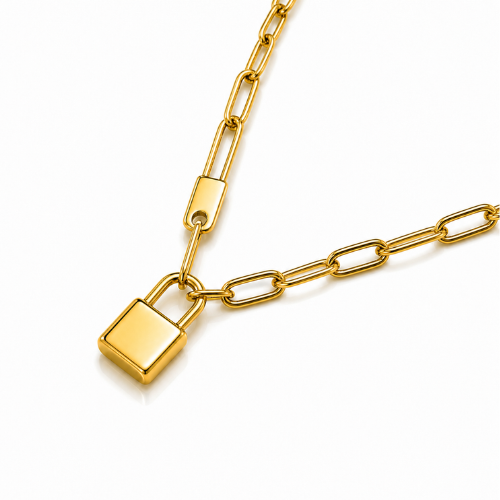 Odessa | Gold Plated Lock Pendant in Cuban Link Necklace