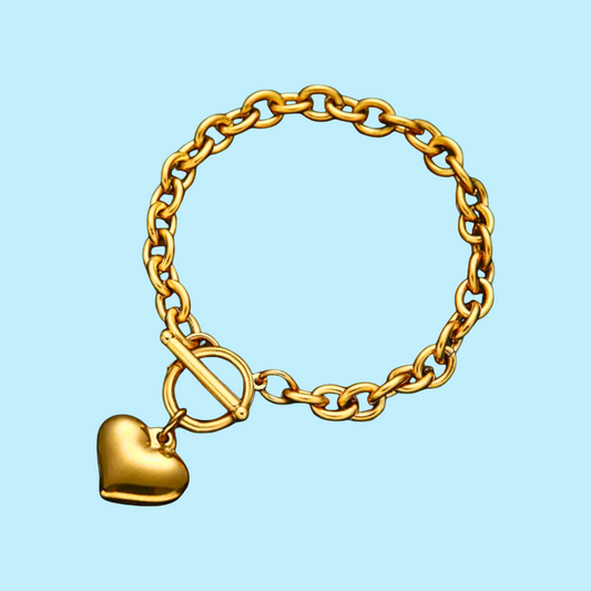Luna | Gold-Plated Solid Heart Charm OT Buckle Chunky Bracelet
