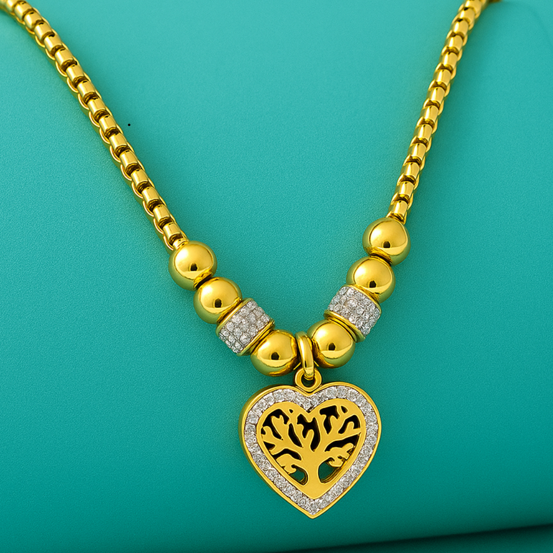 Lorraine | 18K Gold Plated Chunky Heart Tree of Life Waterproof Necklace with Zircons