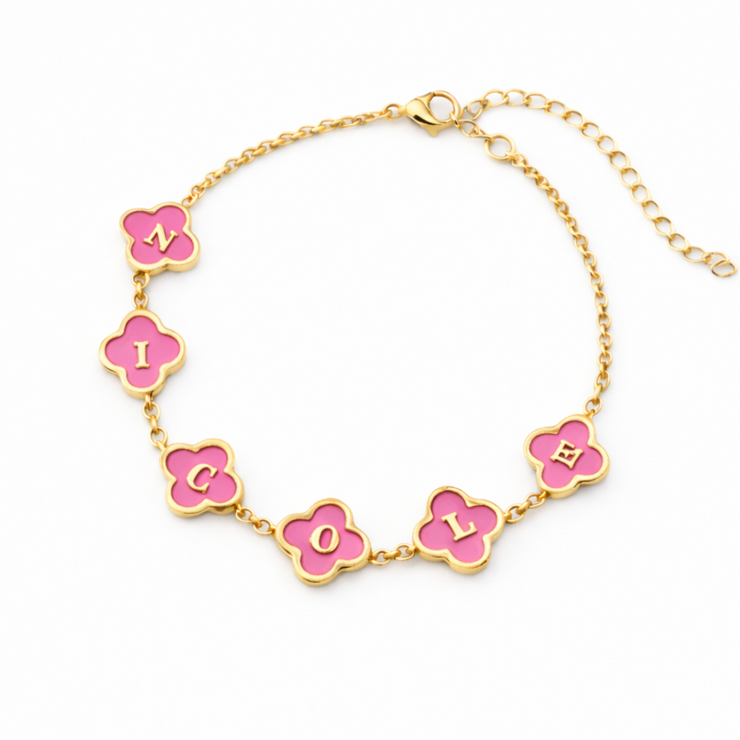 Kasparina Clover Bracelet - Personalised Pink Clover Name Bracelet