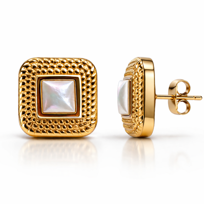 Grace | Gold-Plated Textured Pearl Bezel Stud Earrings