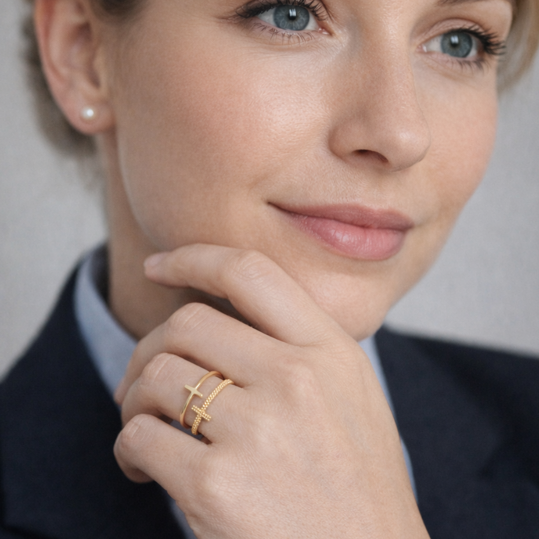 Scarlette | Gold Plated Double Cross Resizable Ring