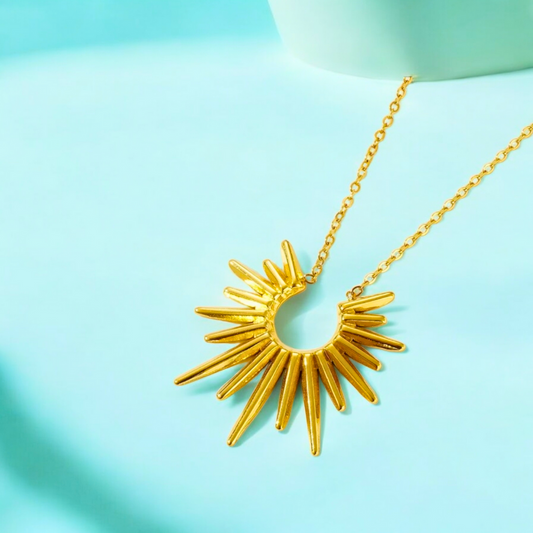No tarnish, waterproof Rhianne Sunflower Necklace. Jooelri London's 18K gold plated stainless steel, gym-proof. Free shipping, gift, eco-packaging!
