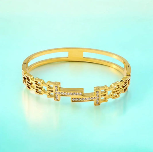 Tamara | Double T Gold Plated Bracelet Bangle with Zircons