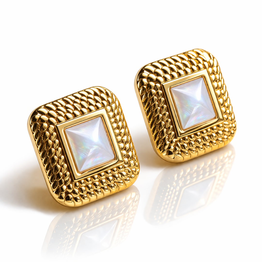 Grace | Gold-Plated Textured Pearl Bezel Stud Earrings