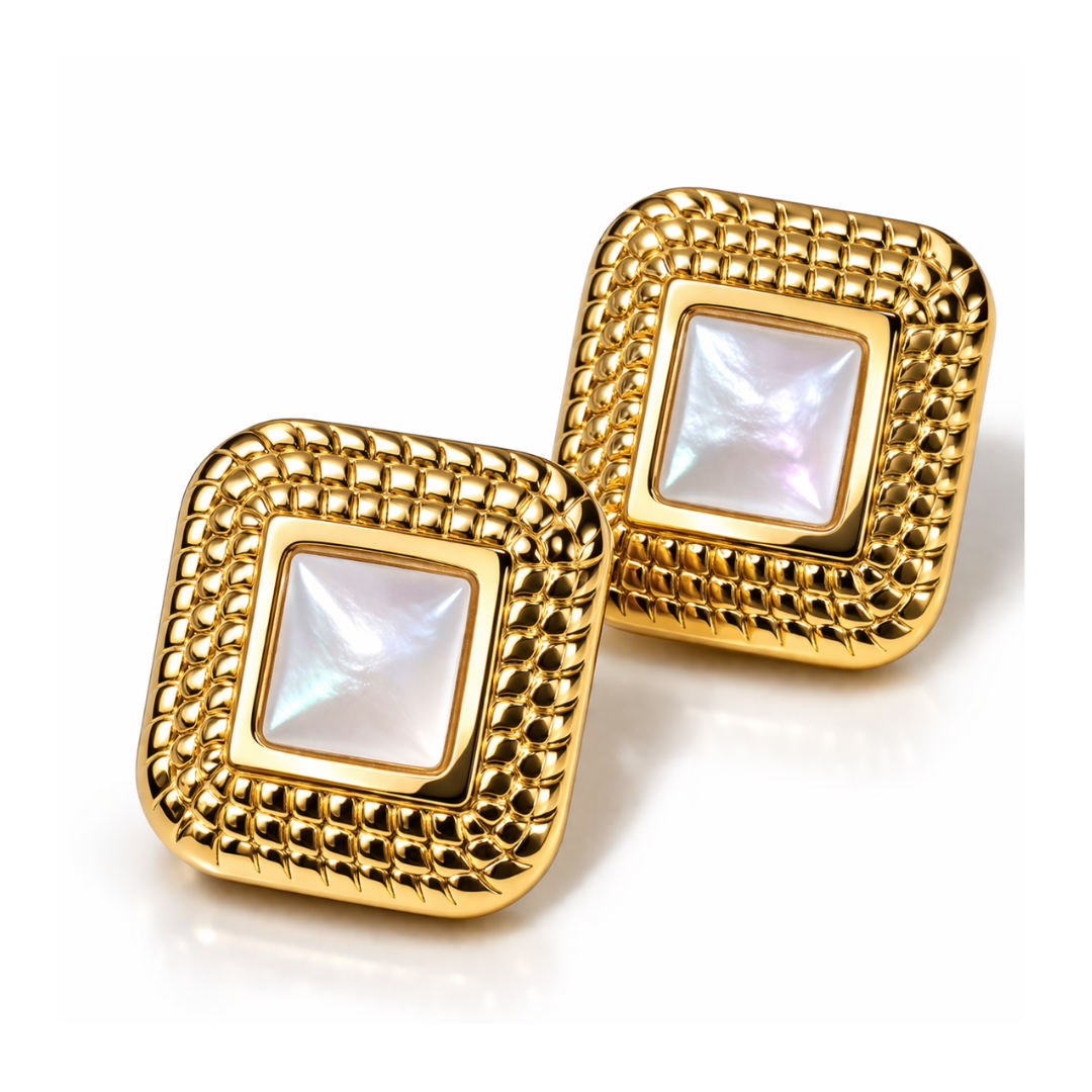 Grace | Gold-Plated Textured Pearl Bezel Stud Earrings