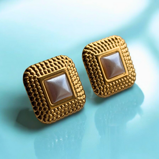 Grace | Gold-Plated Square Pearl Vintage Chunky Earrings