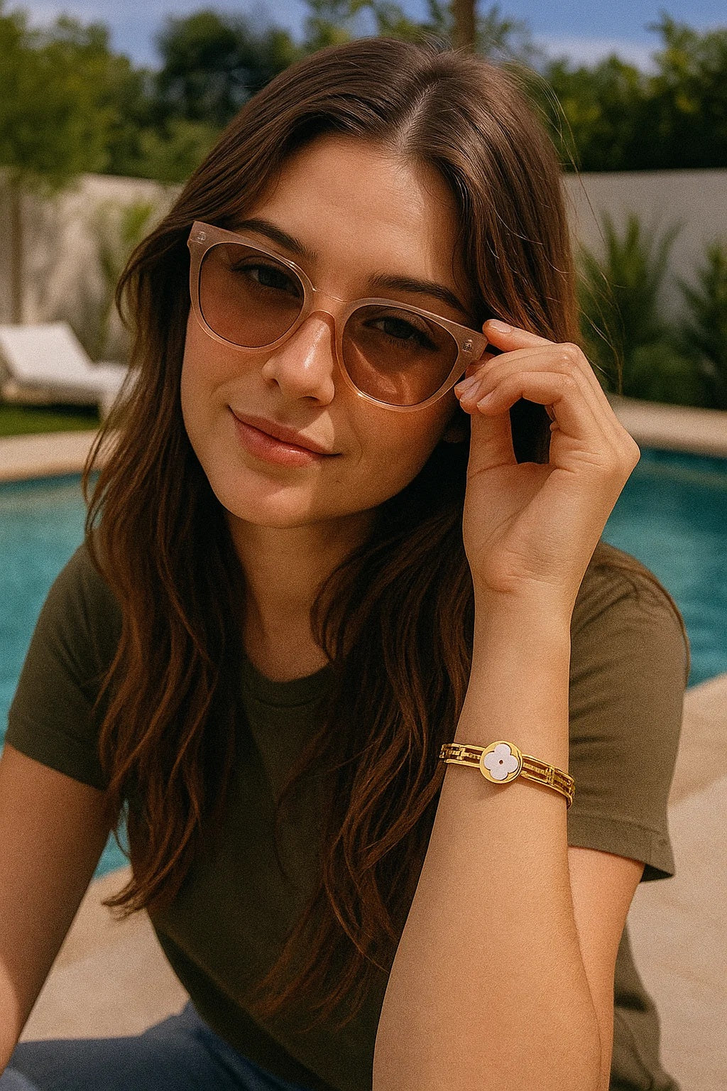 Meryll | Gold Plated Shell Filled Four-Leaf Clover Bangle Bracelet