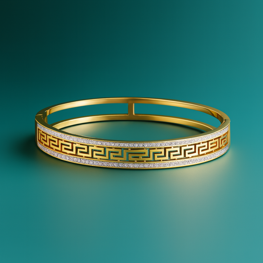 Tatiana | Gold Plated Greek Key Greatwall Zircon Cuff Bracelet Bangle
