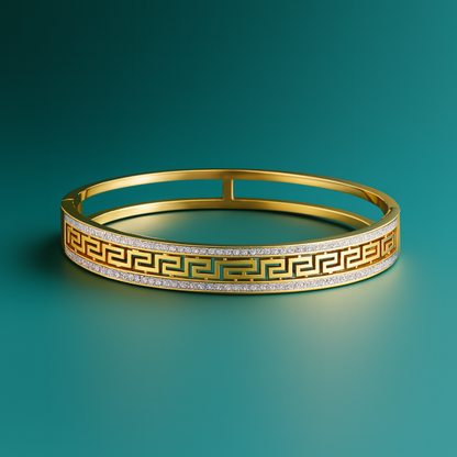 Tatiana | Gold Plated Greek Key Greatwall Zircon Cuff Bracelet Bangle