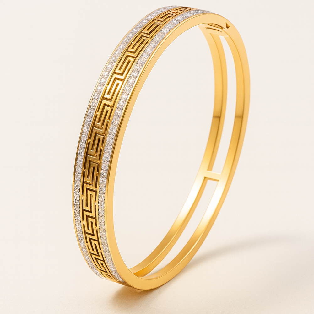 Tatiana | Gold Plated Greek Key Greatwall Zircon Cuff Bracelet Bangle