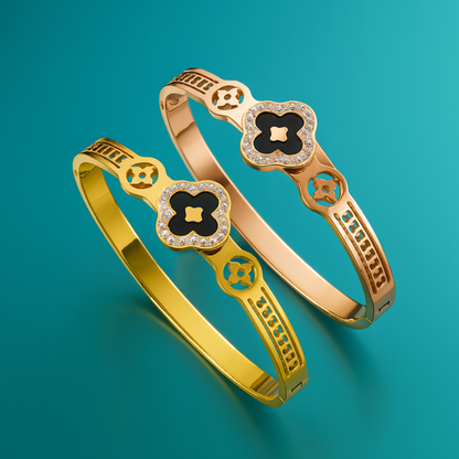 Alara | 18K Gold Plated Black Clover Zircon Cuff Bracelet Bangle