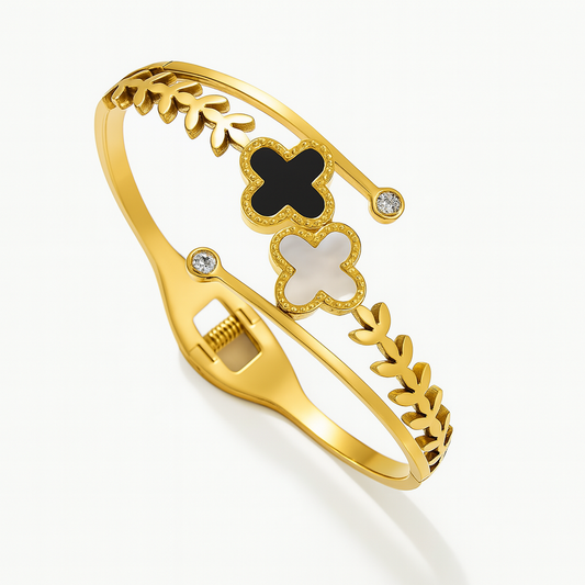 Arabelle | Gold & Rose Gold Plated White and Black Zircon Four-Leaf Clover Bangle Bracelet