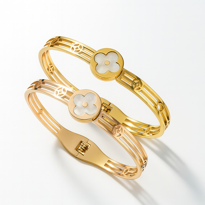 Meryll | Gold Plated Shell Filled Four-Leaf Clover Bangle Bracelet