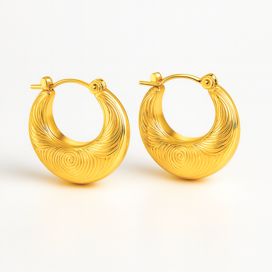 Tilly | 18K Gold Plated Circular Flat Embossed Hoop Waterproof Earrings