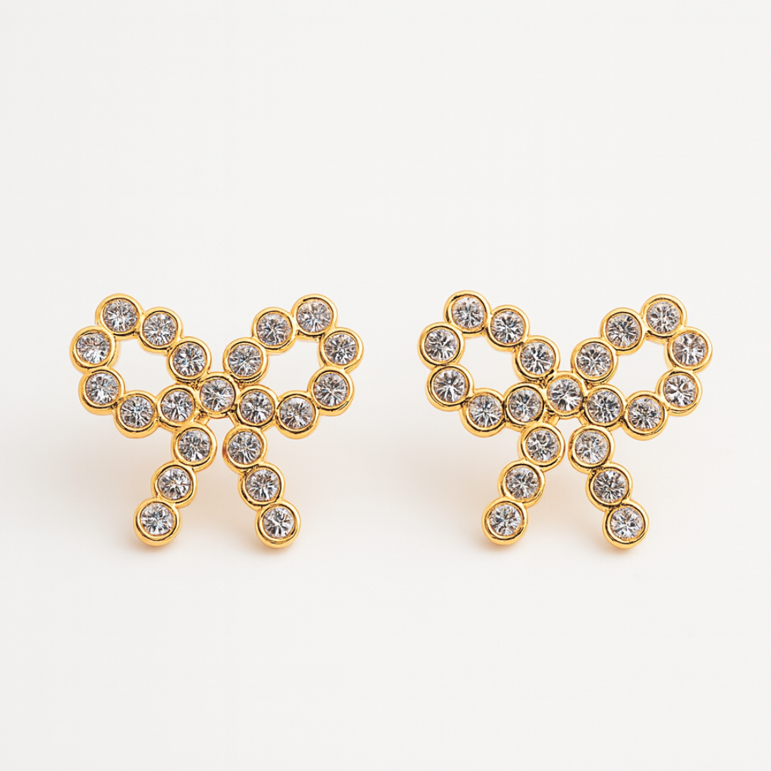 Claire | 18K Gold-Plated Bow Stud Waterproof Earrings with Zircons