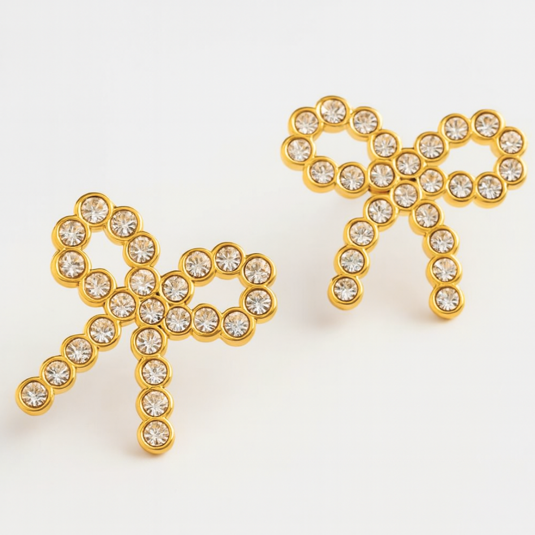 Claire | 18K Gold-Plated Bow Stud Waterproof Earrings with Zircons