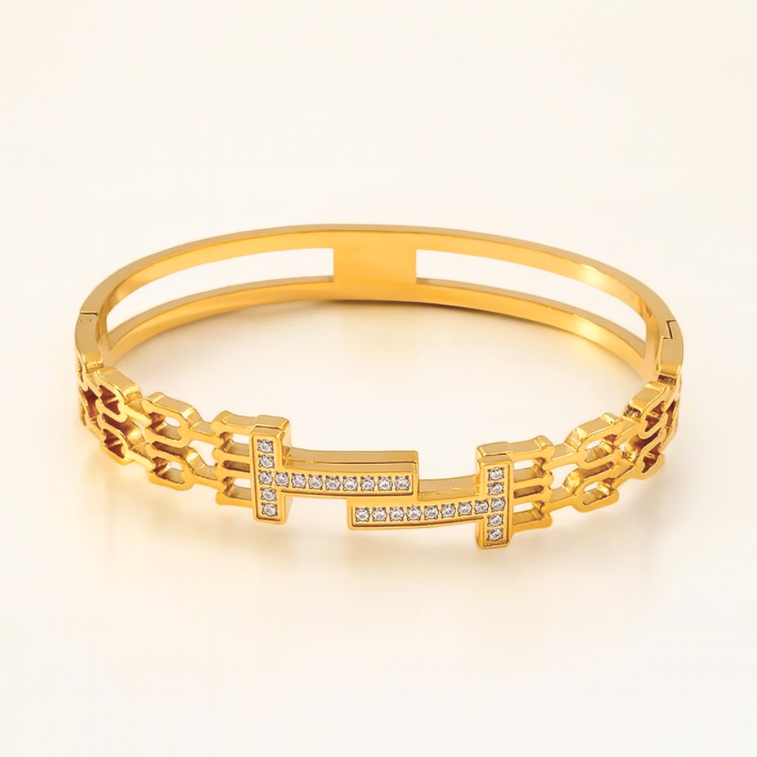 Tamara | 18K Double T Gold Plated Waterproof Bracelet Bangle with Zircons
