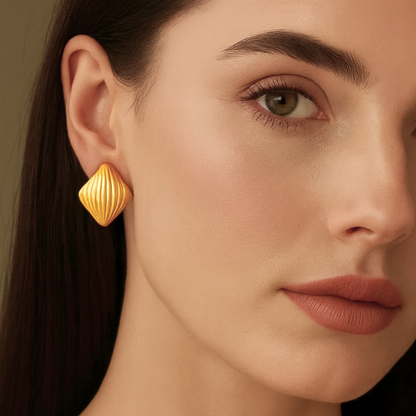 Orielle | Gold-Plated Vintage Ribbed Square Stud Earrings