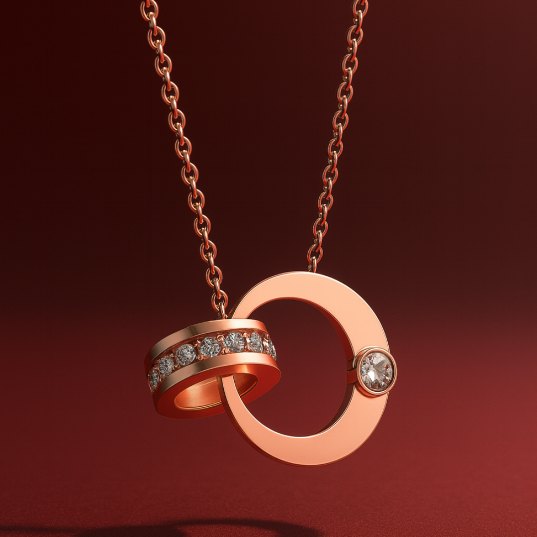 Lyra | Rose Gold (18k) Plated Double Interlocking Circles Pendant Waterproof Necklace with Zircons