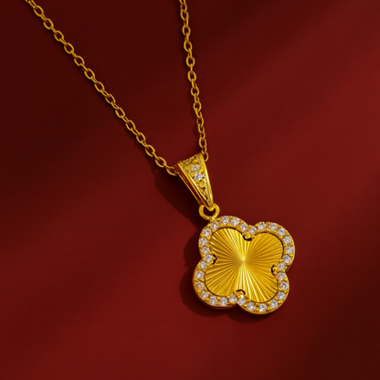 Clover Necklace - 18K Gold Plated Textured Four-Leaf Pendant Waterproof Chain