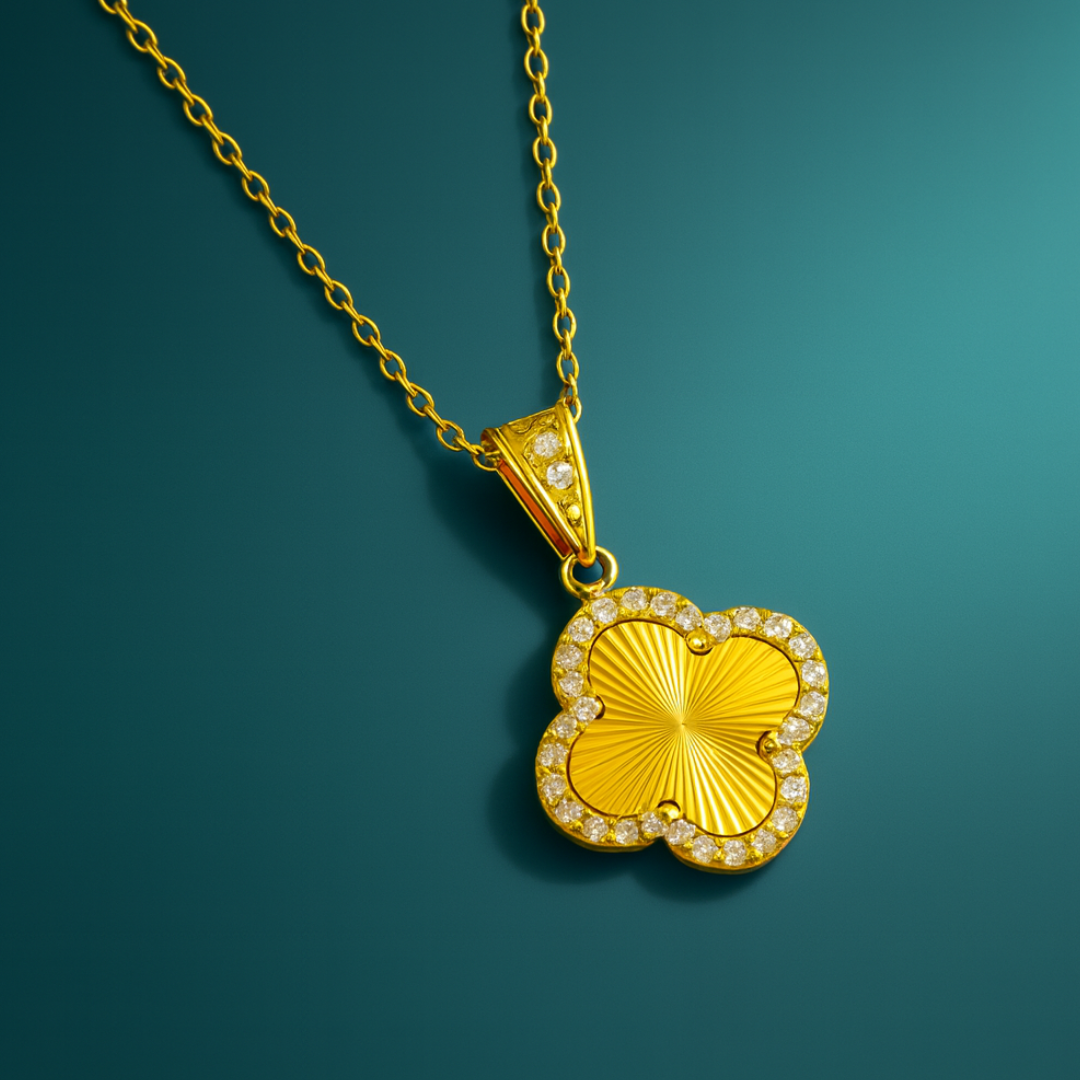 Clover Necklace - 18K Gold Plated Textured Four-Leaf Pendant Waterproof Chain