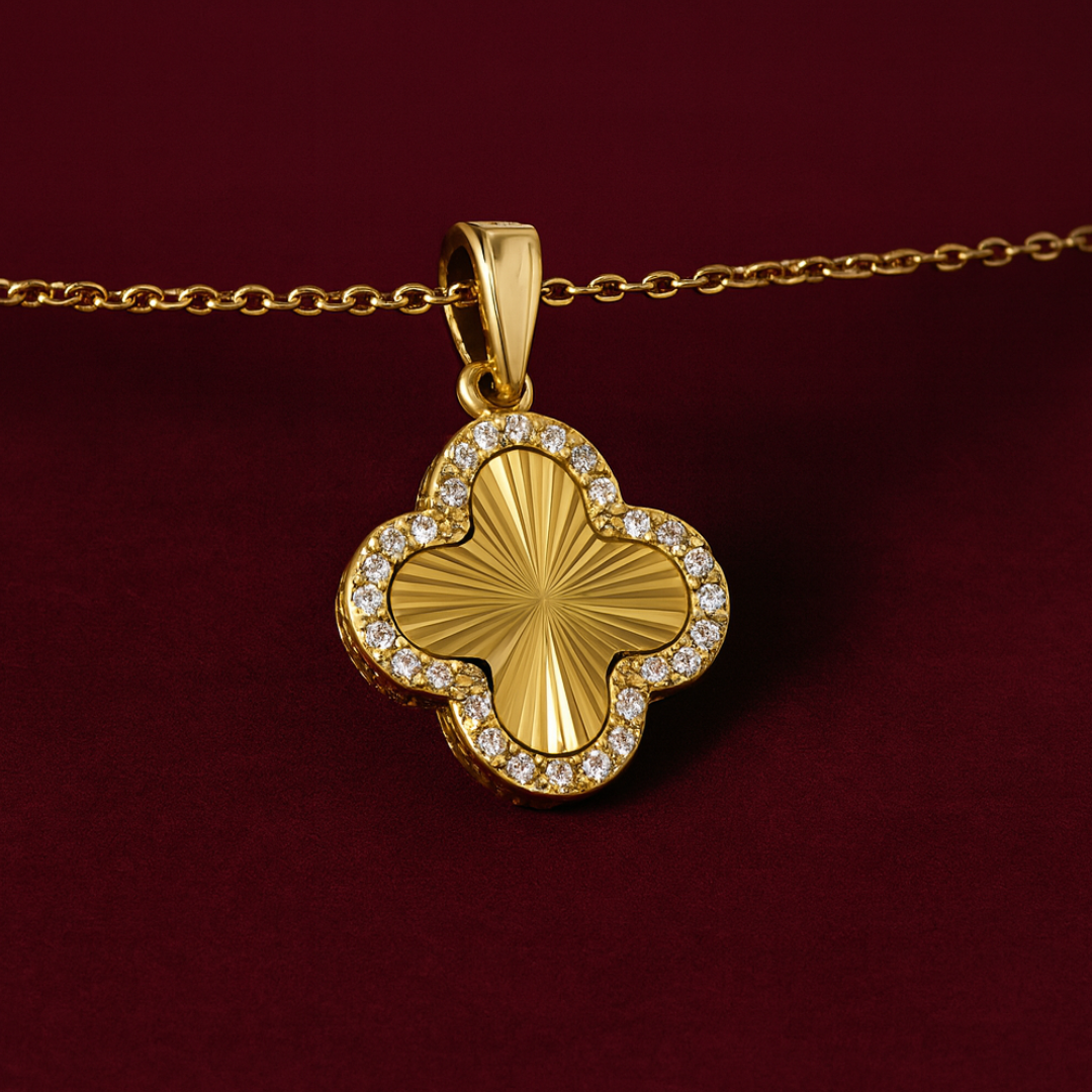 Clover Necklace - 18K Gold Plated Textured Four-Leaf Pendant Waterproof Chain