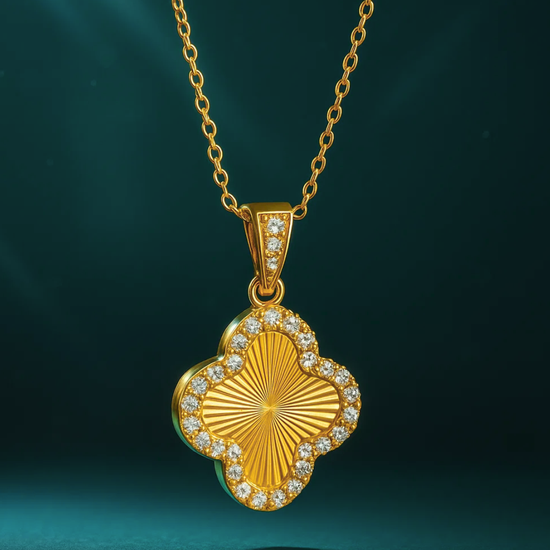 Clover Necklace - 18K Gold Plated Textured Four-Leaf Pendant Waterproof Chain