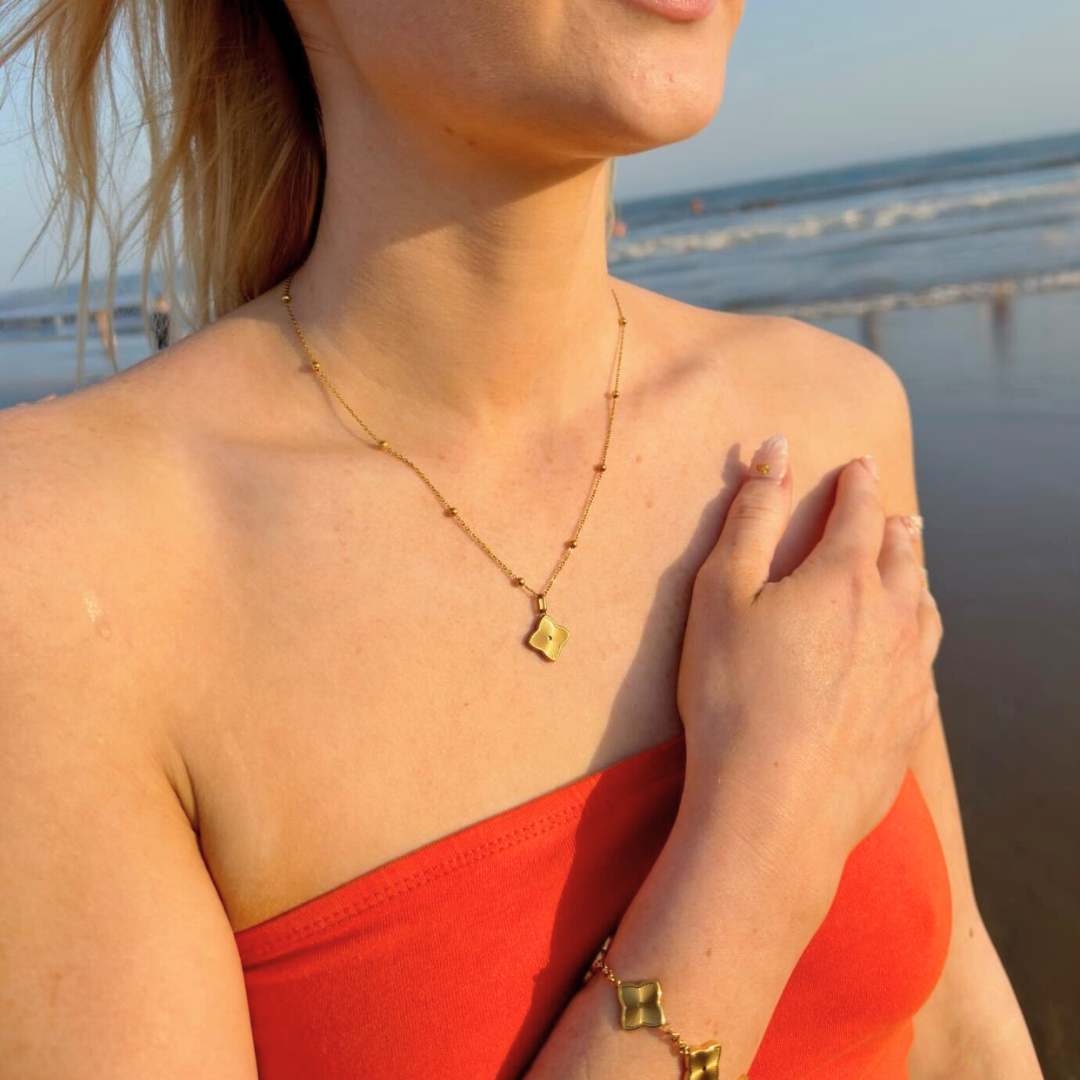 Clover Necklace -18K Gold Plated Textured Four-Leaf Pendant Waterproof