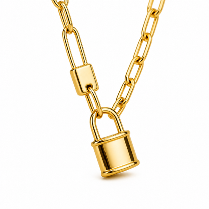 Odessa | Gold Plated Lock Pendant in Cuban Link Necklace