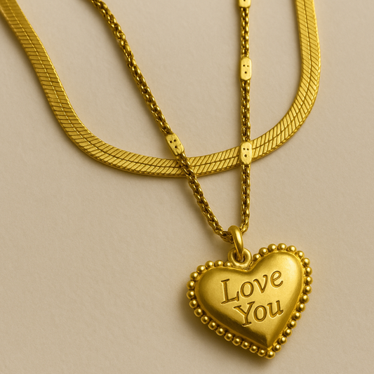 Ariat | Gold (18K) Plated Heart Double Layered Flat Snake with Zircon Chain Waterproof Necklace