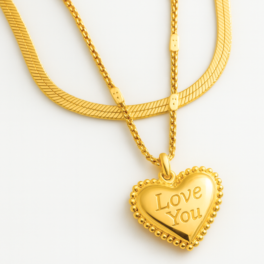 Ariat | Gold (18K) Plated Heart Double Layered Flat Snake with Zircon Chain Waterproof Necklace