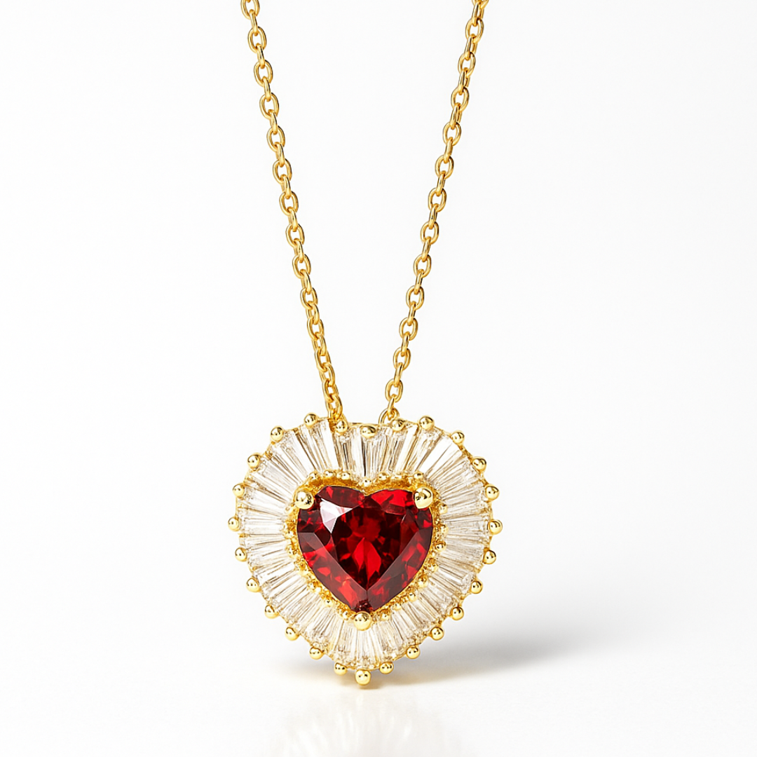 Amore | Gold Plated Heart Charm Necklace with Red Zircons