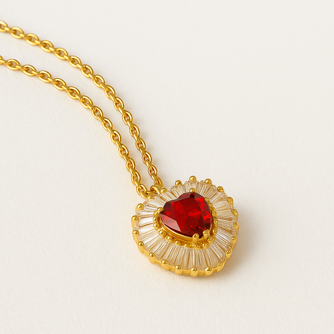 Amore | Gold Plated Heart Charm Necklace with Red Zircons
