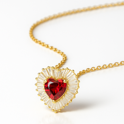 Amore | Gold Plated Heart Charm Necklace with Red Zircons