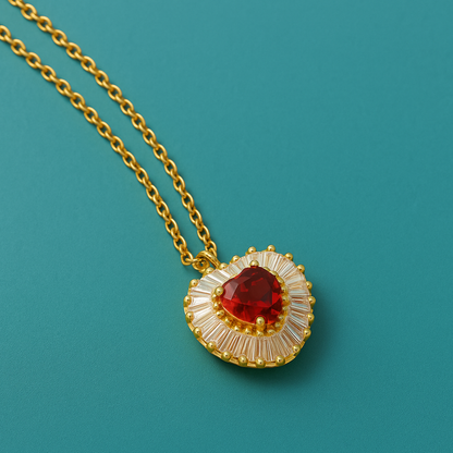 Amore | Gold Plated Heart Charm Necklace with Red Zircons