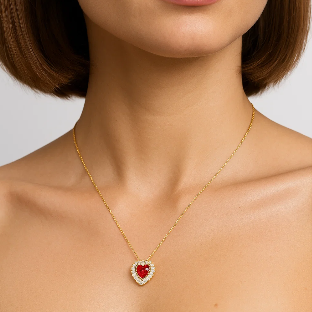 Amore | Gold Plated Heart Charm Necklace with Red Zircons