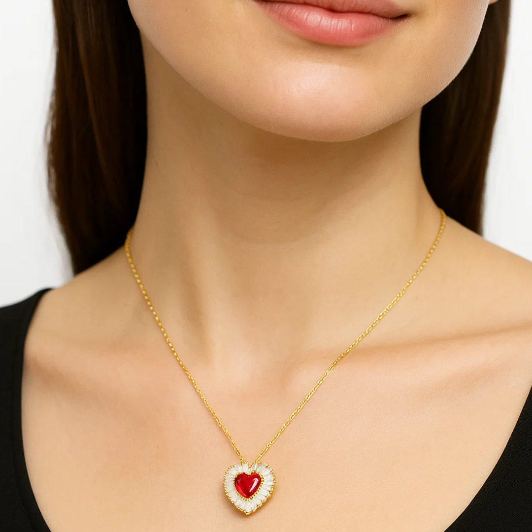 Amore | Gold Plated Heart Charm Necklace with Red Zircons