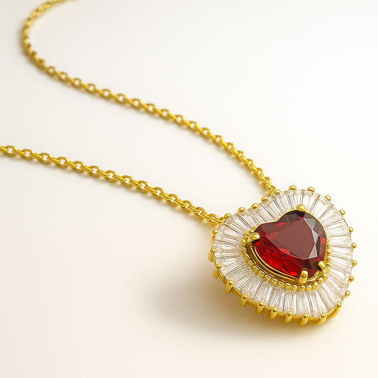 Amore | Gold Plated Heart Charm Necklace with Red Zircons