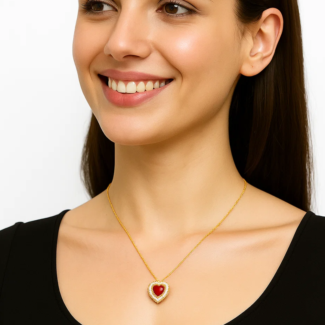 Amore | Gold Plated Heart Charm Necklace with Red Zircons